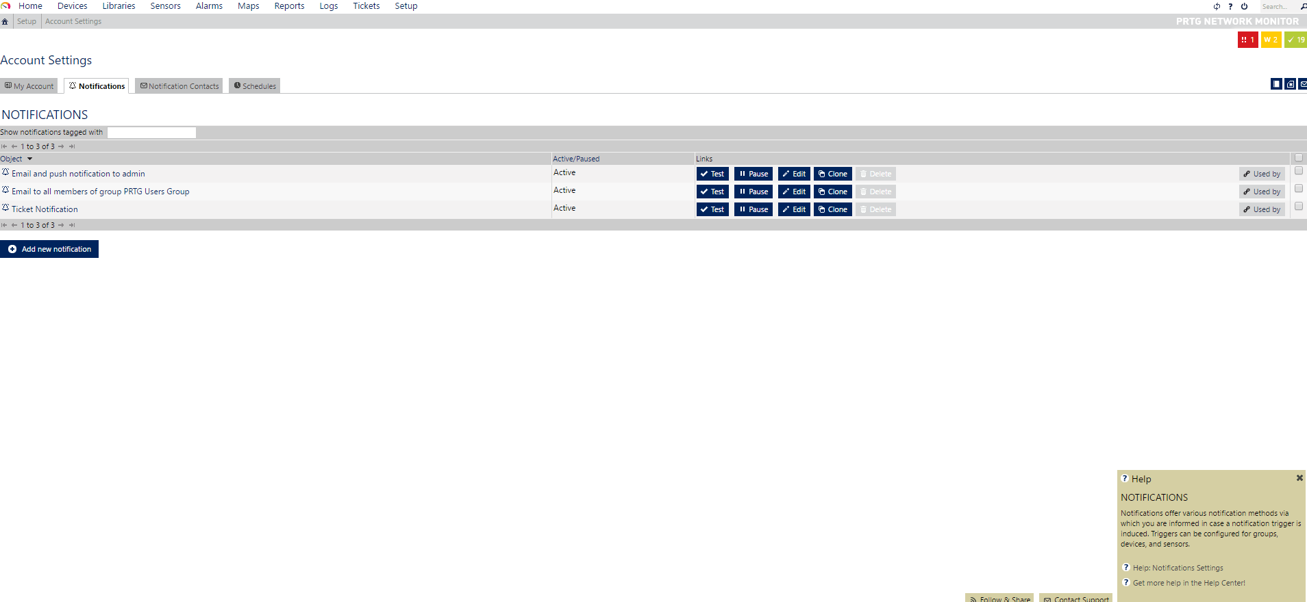 Account Settings / Notifications in the PRTG Web Portal